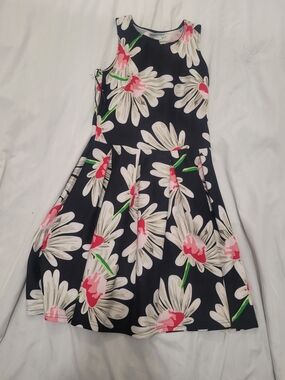 Navy Floral Fit-and-Flare Dress with Pink Accents